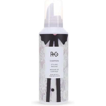 R+Co Chiffon Styling Mousse 165 ml bottle front view for lightweight hair volume.