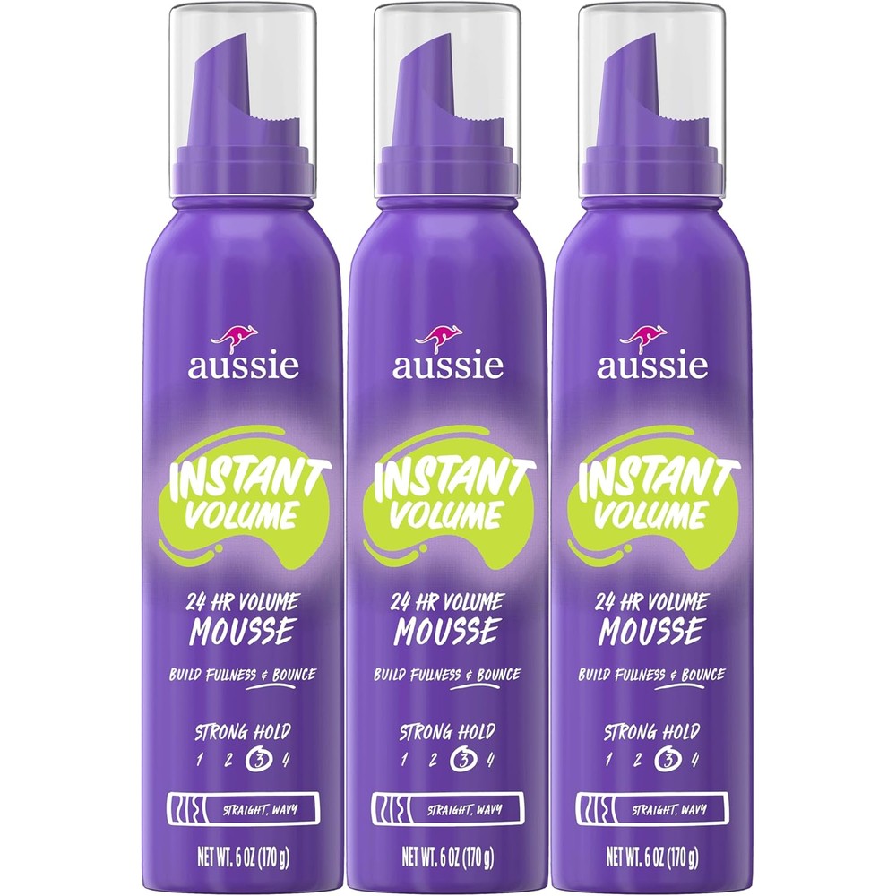 Aussie Instant Volume Mousse Triple Pack front view showing three cans of volumizing hair mousse.