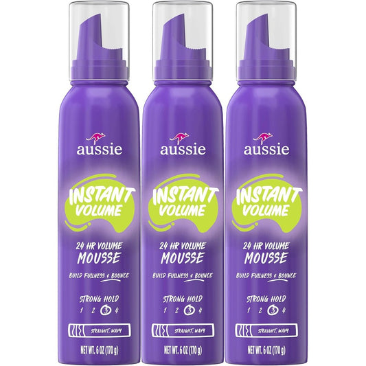 Aussie Instant Volume Mousse Triple Pack front view showing three cans of volumizing hair mousse.