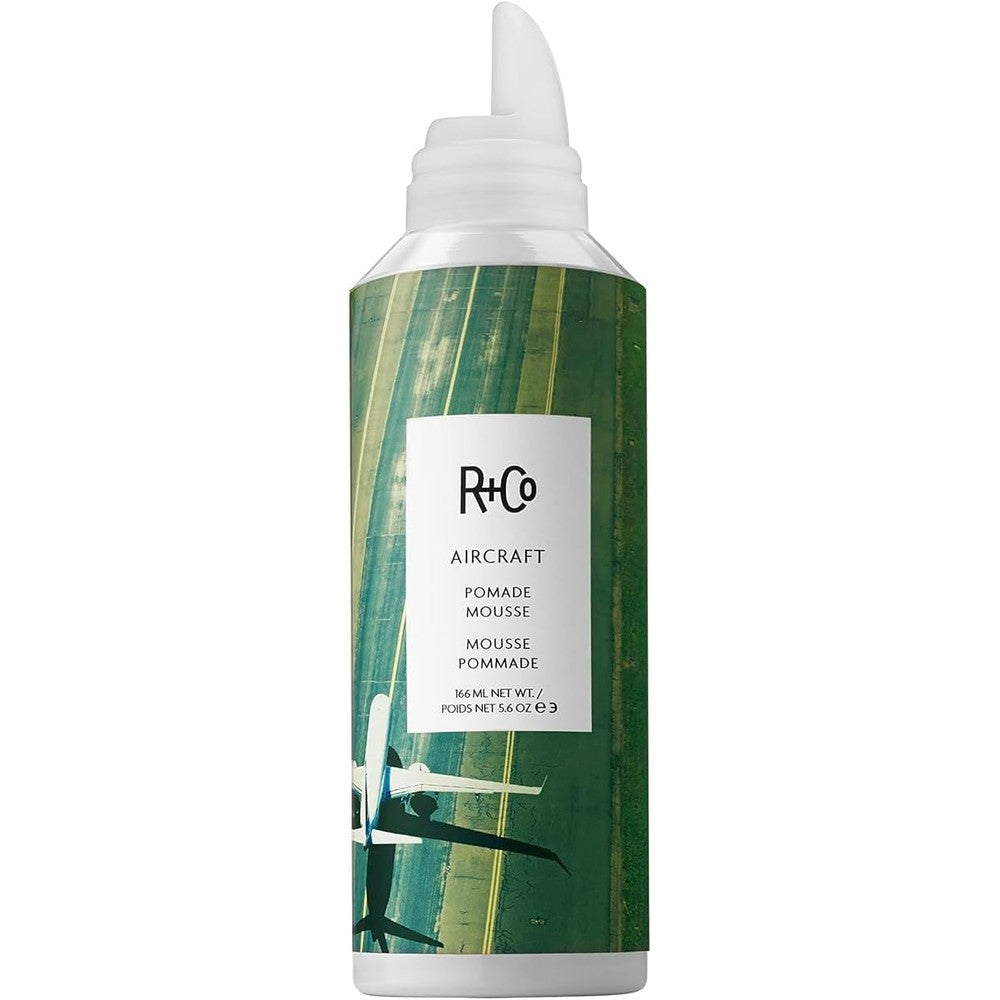 R+Co Aircraft Pomade Mousse front view premium hair styling foam container