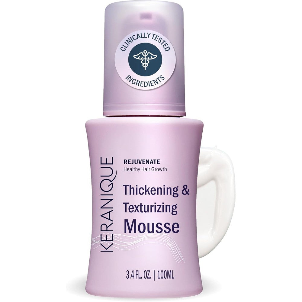 Keranique Volumizing Mousse front view packaging for hair styling.
