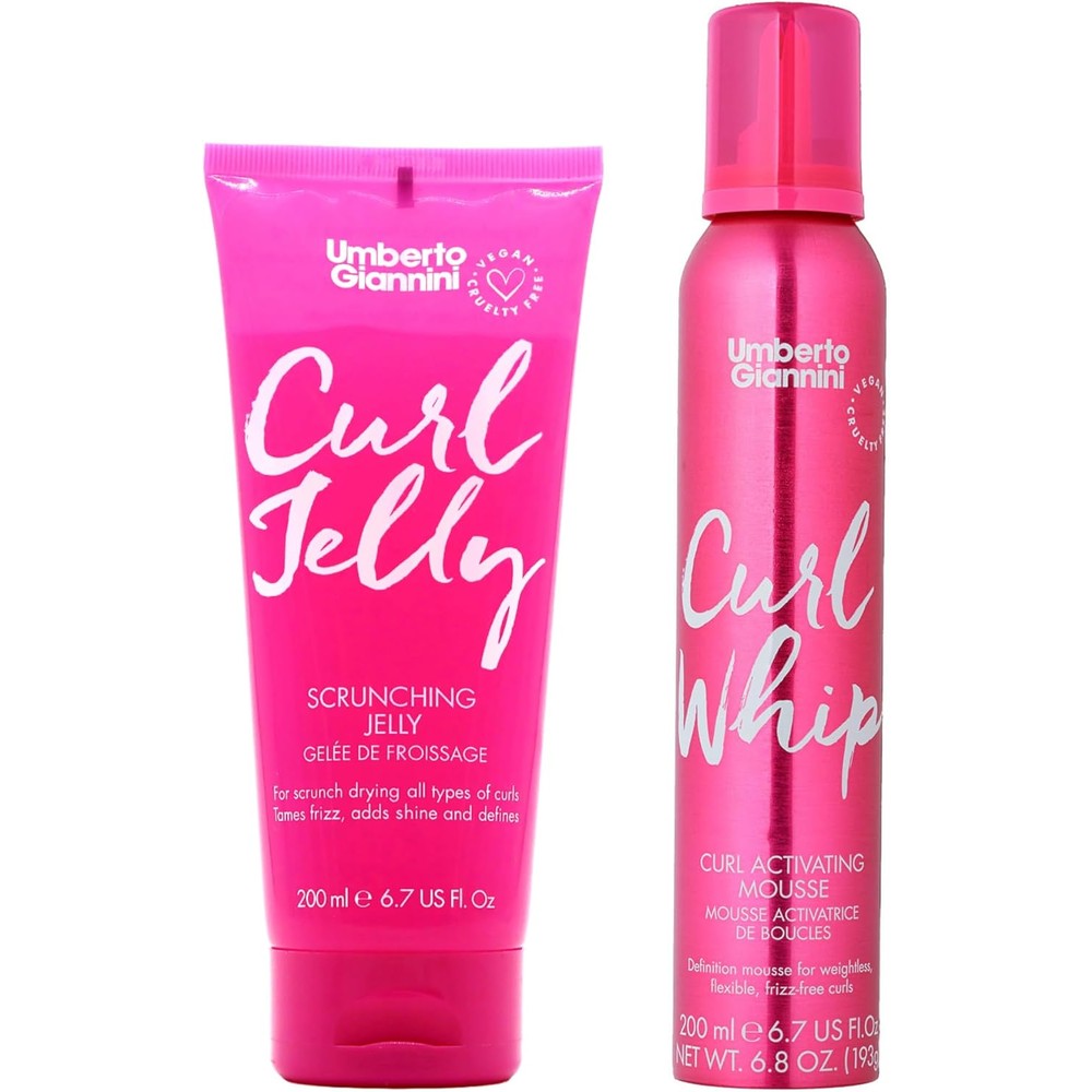 Umberto Giannini Volumizing Duo front view showcasing the pink curl jelly tube and styling mousse bottle.