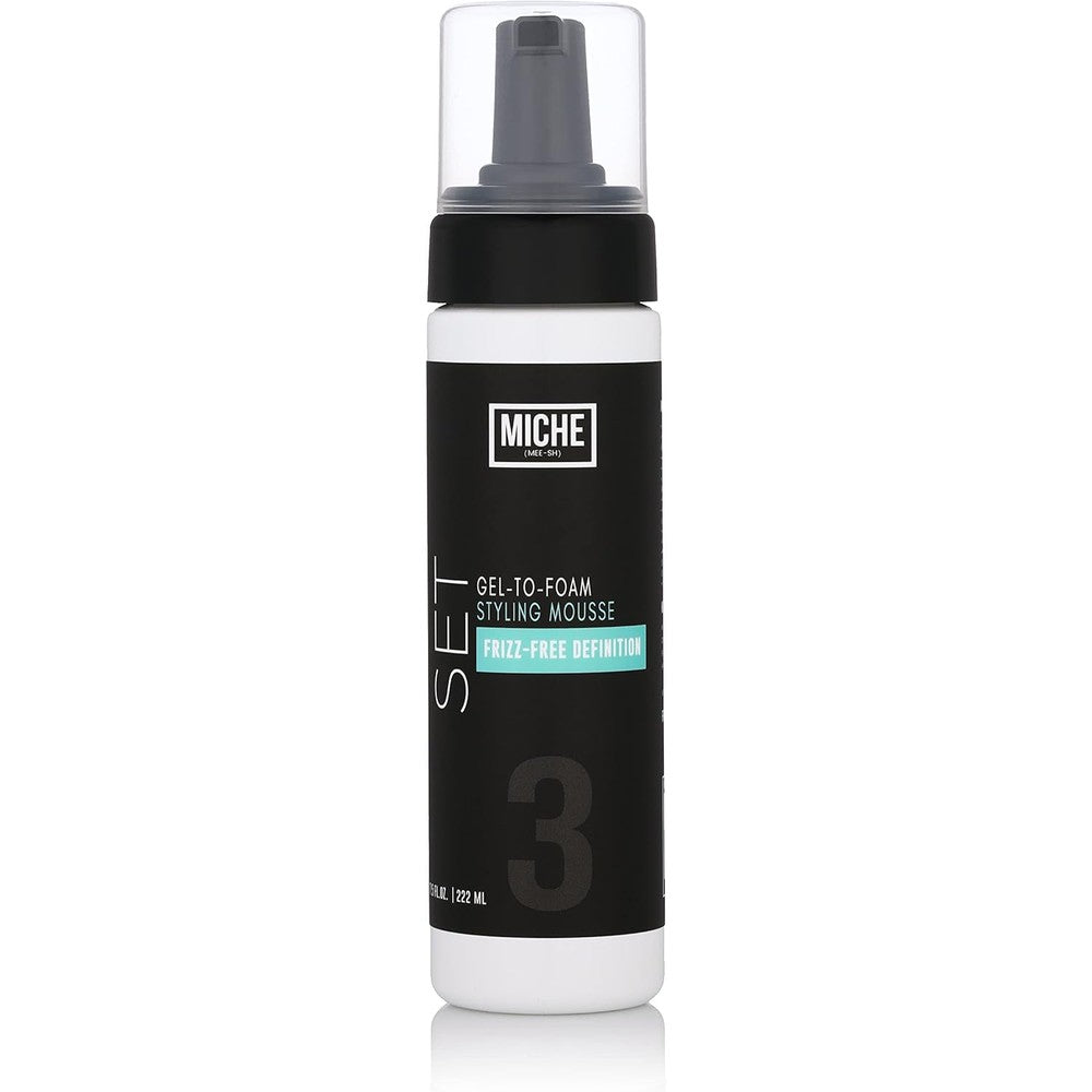 Miche Beauty Set Gel to Foam Mousse front view showcasing the black and white label design.