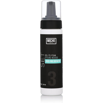 Miche Beauty Set Gel to Foam Mousse front view showcasing the black and white label design.