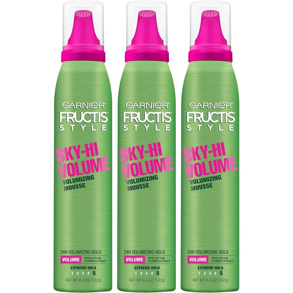 Garnier Fructis Style Sky-Hi Volume Mousse front view three pack for hair styling