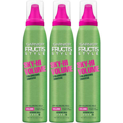 Garnier Fructis Style Sky-Hi Volume Mousse front view three pack for hair styling