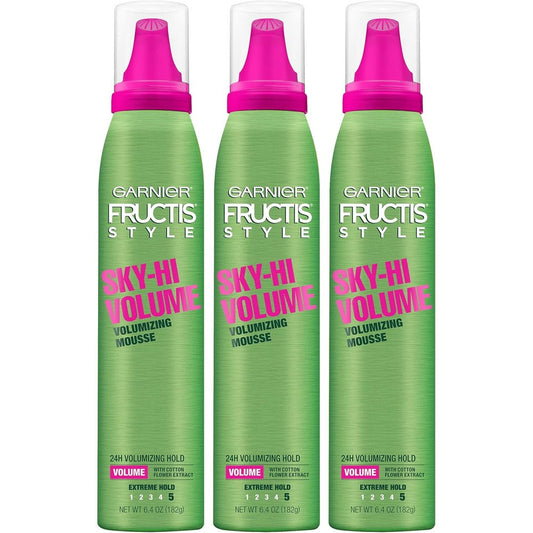 Garnier Fructis Style Sky-Hi Volume Mousse front view three pack for hair styling