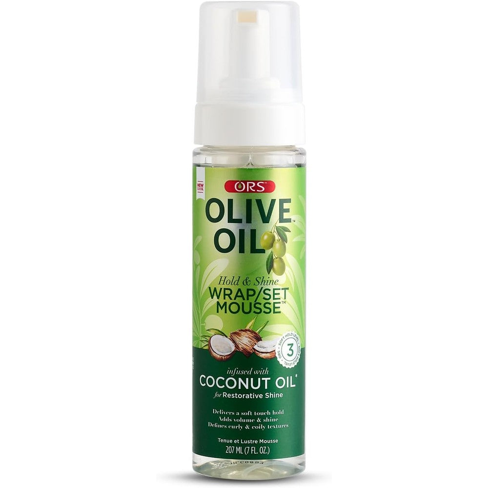 ORS Olive Oil Hold And Shine Wrap Set Mousse front view showcasing authentic packaging.