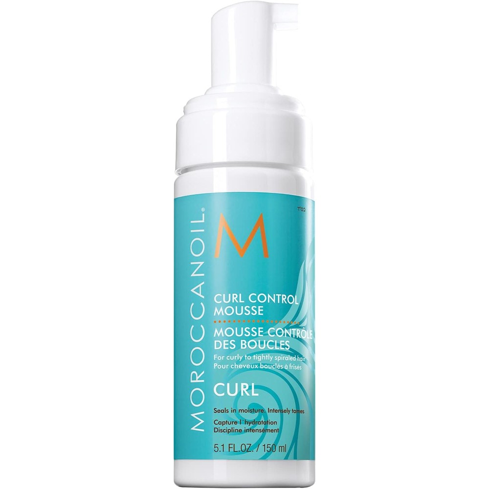 Moroccanoil Curl Control Mousse 5.1 Fluid Ounce front view turquoise bottle with white pump dispenser