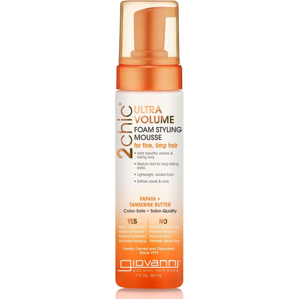Giovanni 2chic Ultra Volume Mousse front view showcasing premium hair volumizing foam bottle.