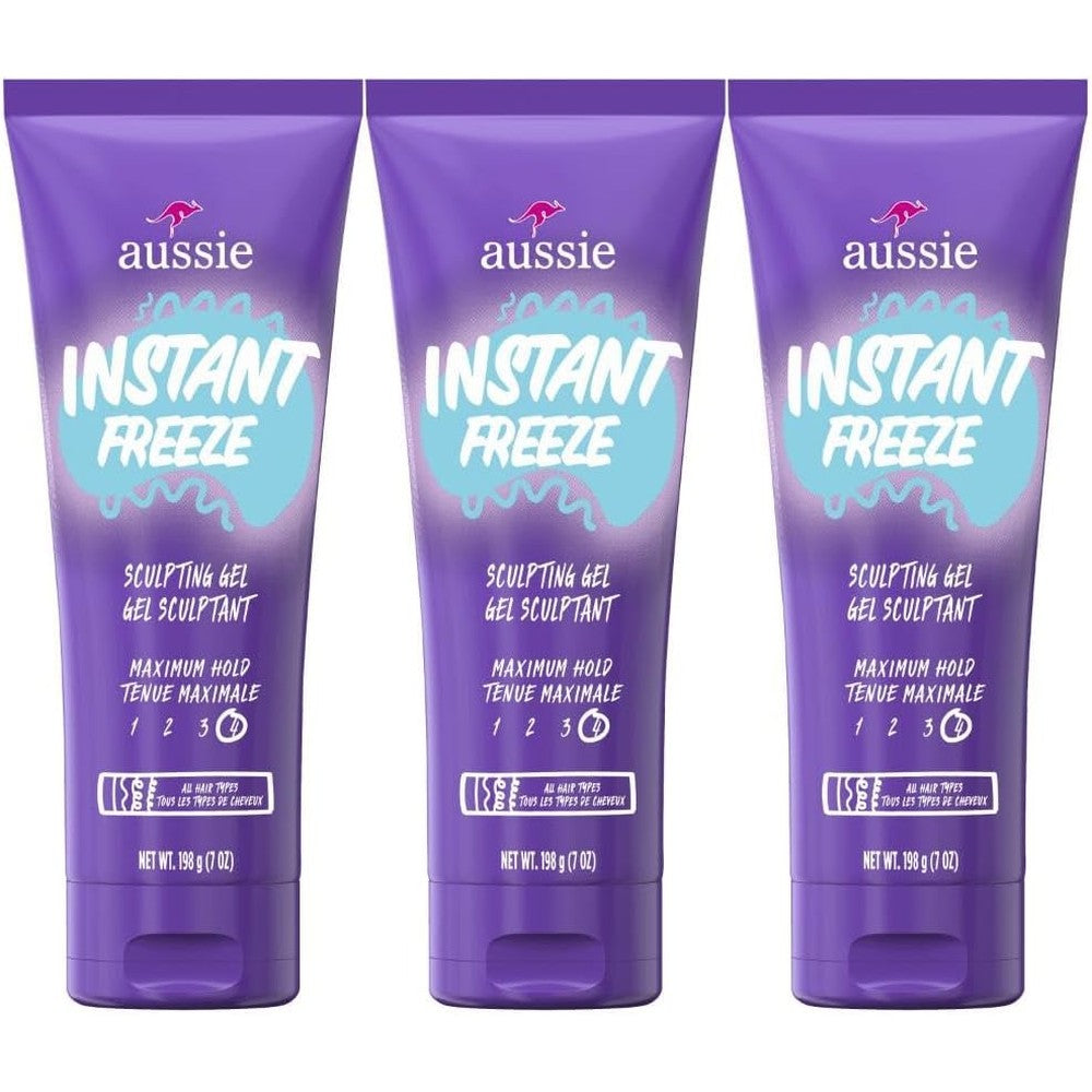 Aussie Instant Freeze Sculpting Hair Gel front view of triple pack bottles.