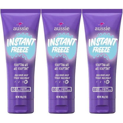 Aussie Instant Freeze Sculpting Hair Gel front view of triple pack bottles.