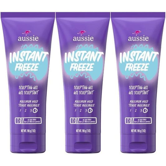 Aussie Instant Freeze Sculpting Hair Gel front view of triple pack bottles.