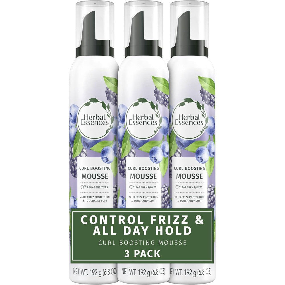Herbal Essences Curl Boosting Mousse front view three pack for curly hair definition