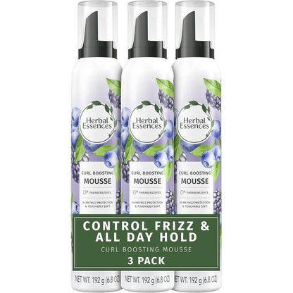 Herbal Essences Curl Boosting Mousse front view three pack for curly hair definition