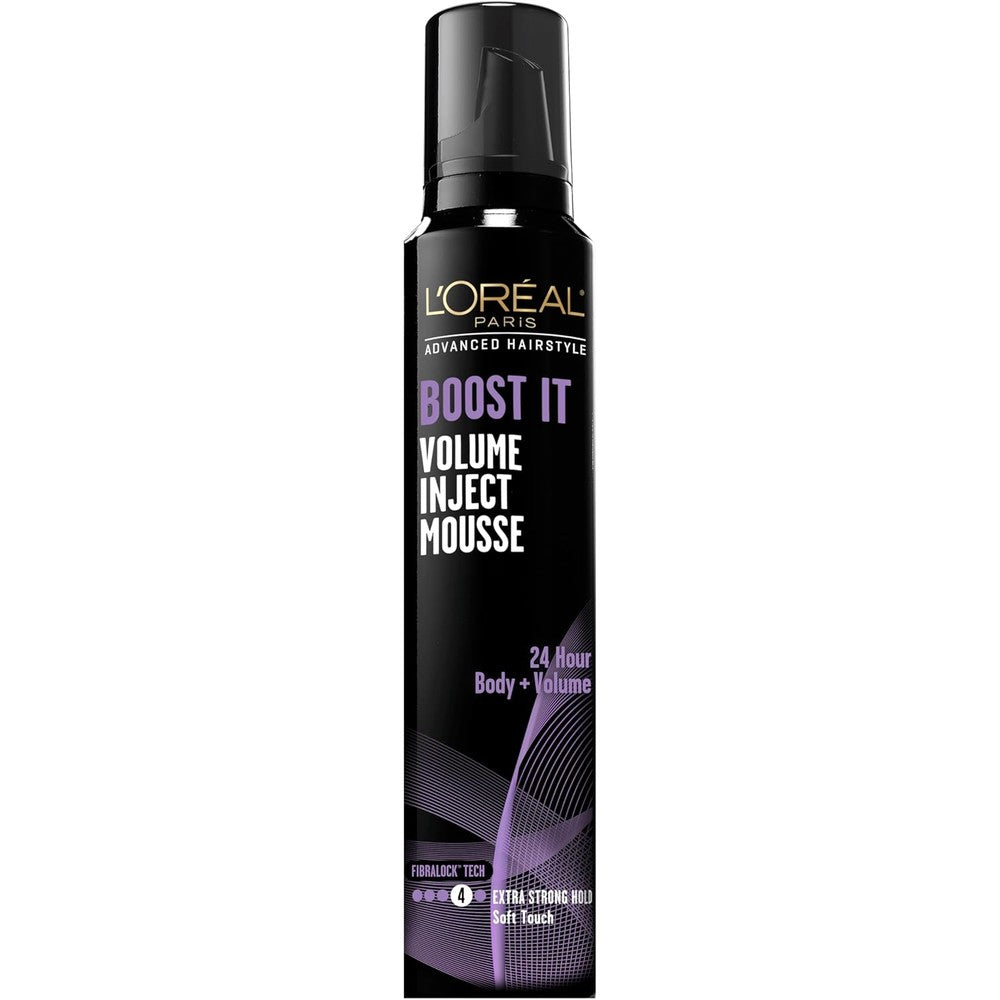 L'Oreal Paris Advanced Hairstyle Boost It Volume Inject Mousse front view showcasing the 8.3 fluid ounce canister for extra strong hold styling.