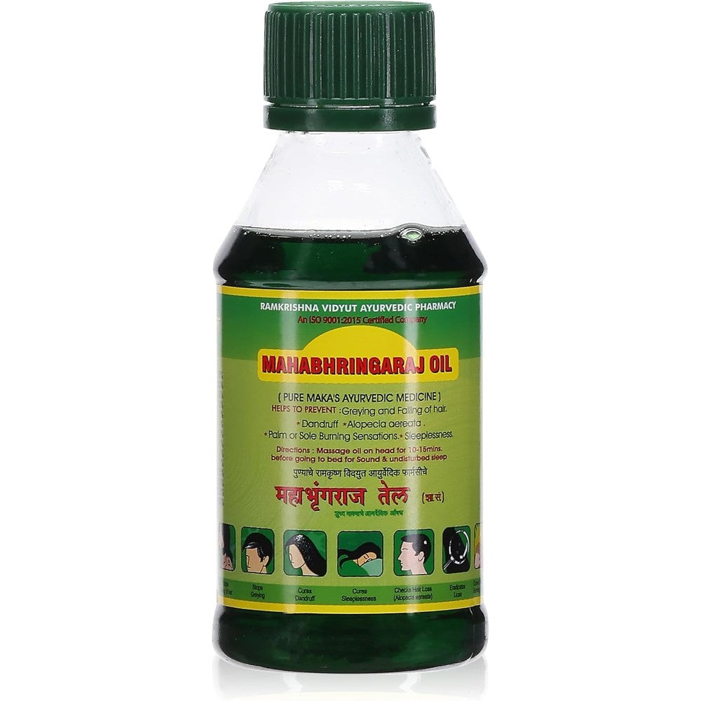 Ramakrishna Vidyut Ayurveda Mahabhringaraj Hair Oil front view 100ml bottle for hair fall control.