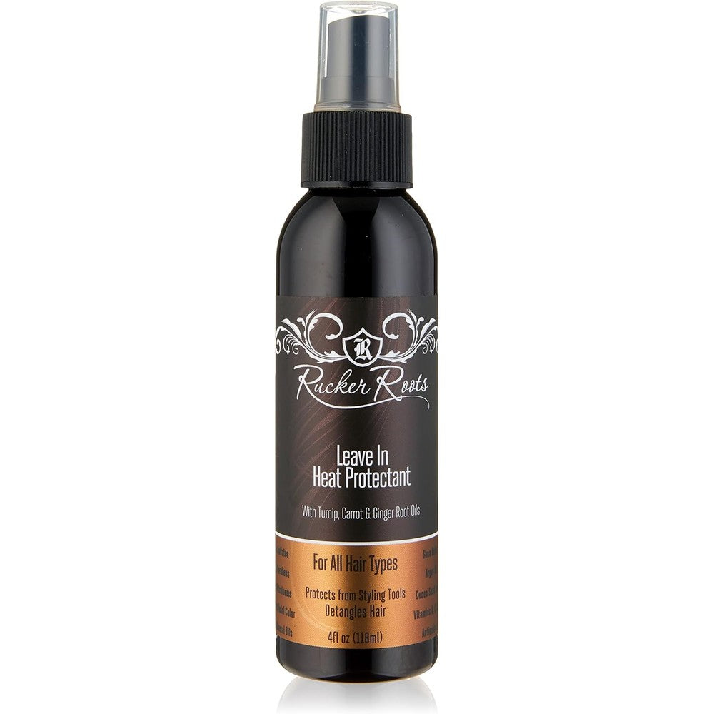 Rucker Roots Leave In Heat Protectant 4 Ounce bottle front view showing brand logo and key ingredients for salon-quality thermal hair protection.