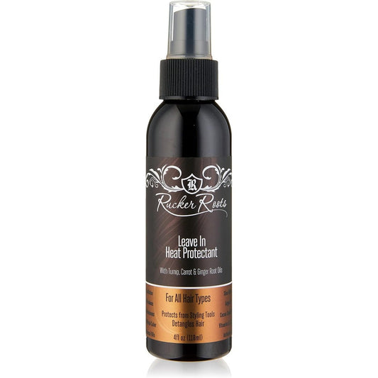 Rucker Roots Leave In Heat Protectant 4 Ounce bottle front view showing brand logo and key ingredients for salon-quality thermal hair protection.