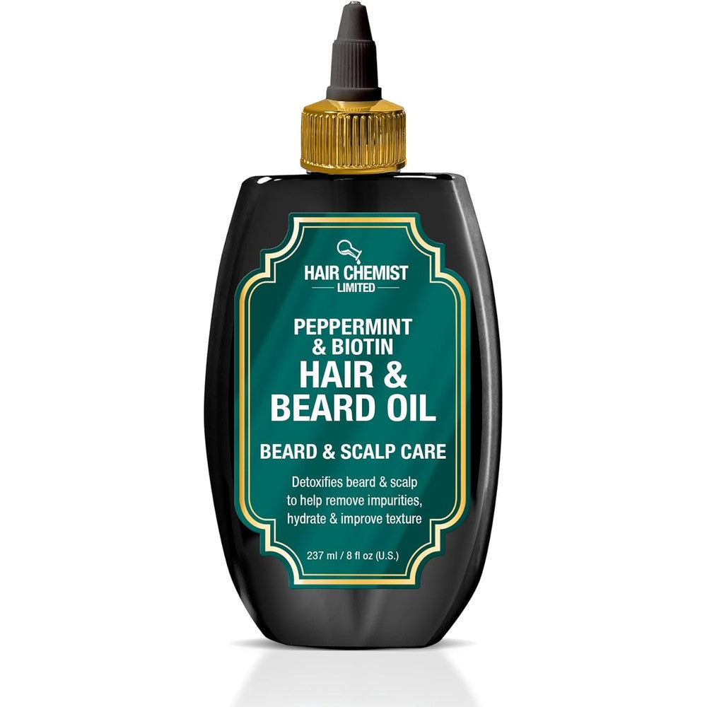 Hair Chemist Peppermint and Biotin Hair and Beard Oil bottle front view for men's grooming.