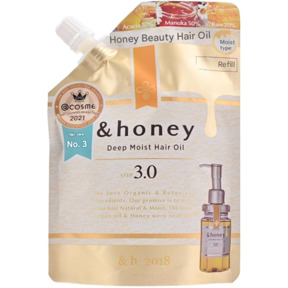 &honey Deep Moist Hair Oil Step 3.0 Refill front packaging view for frizzy hair treatment.