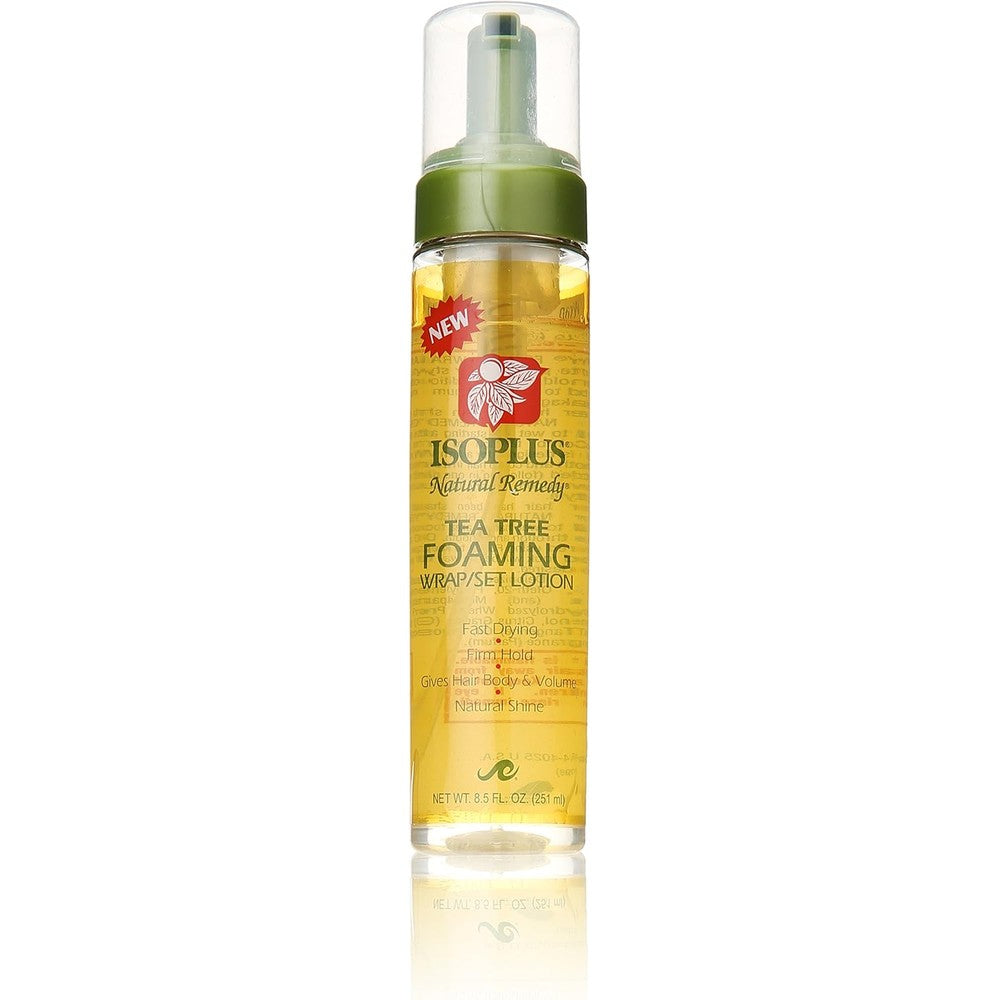 Isoplus Natural Remedy Tea Tree Foaming Wrap and Set Lotion front bottle view imported hair styling foam