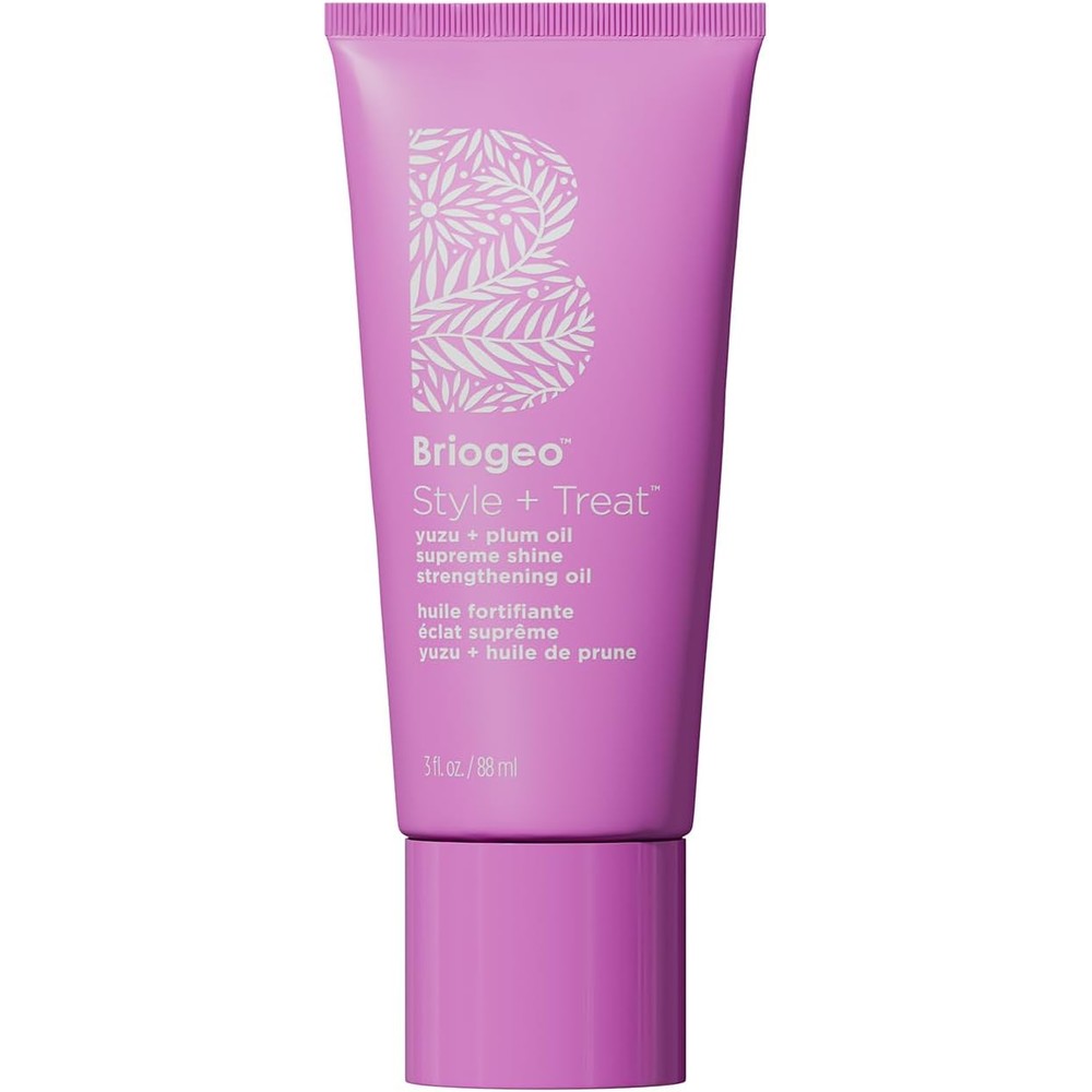 Briogeo Style and Treat Yuzu and Plum Supreme Shine Strengthening Oil front packaging for glossy hair styling.