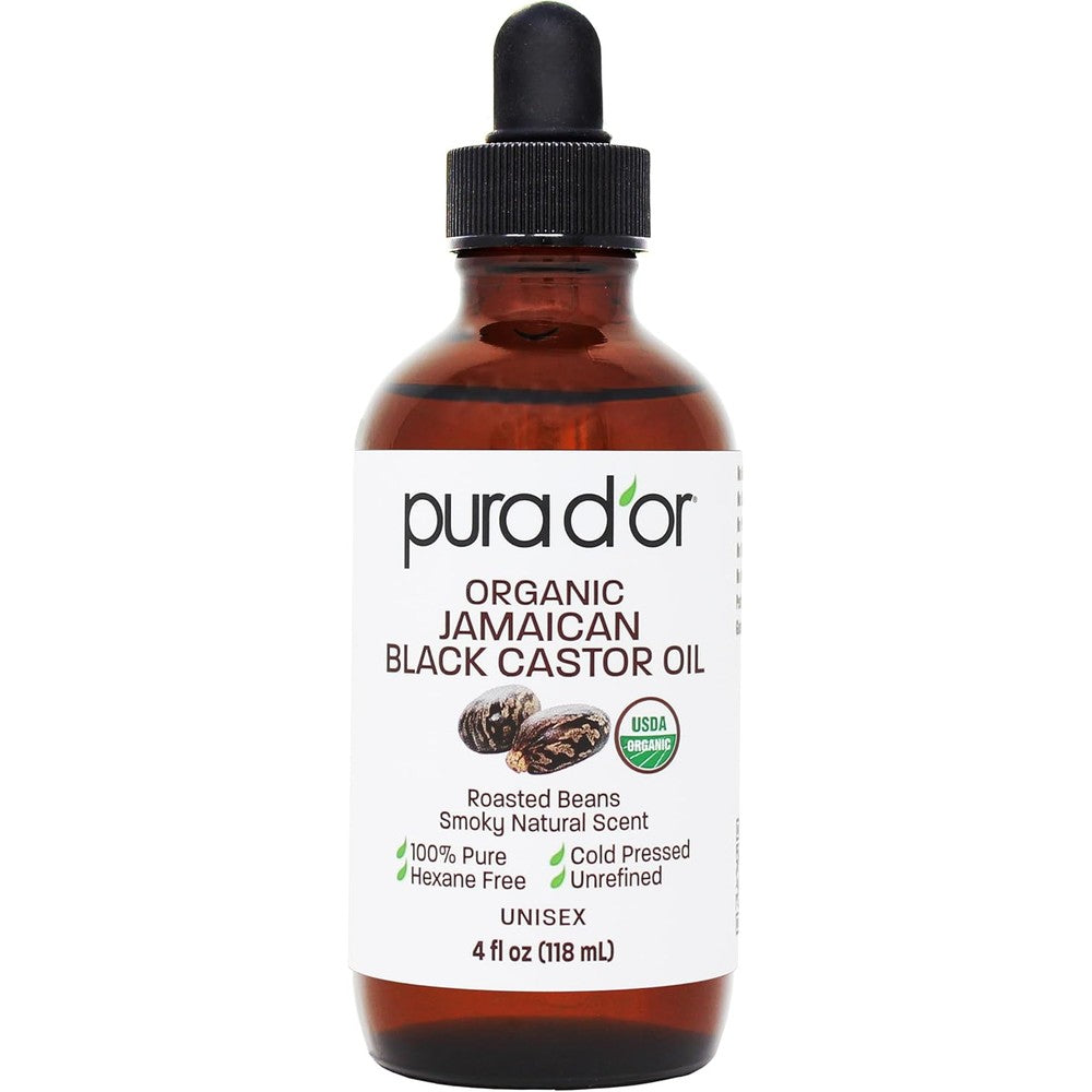 PURA D'OR Organic Jamaican Black Castor Oil bottle front view for lash and brow growth
