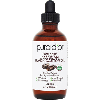 PURA D'OR Organic Jamaican Black Castor Oil bottle front view for lash and brow growth