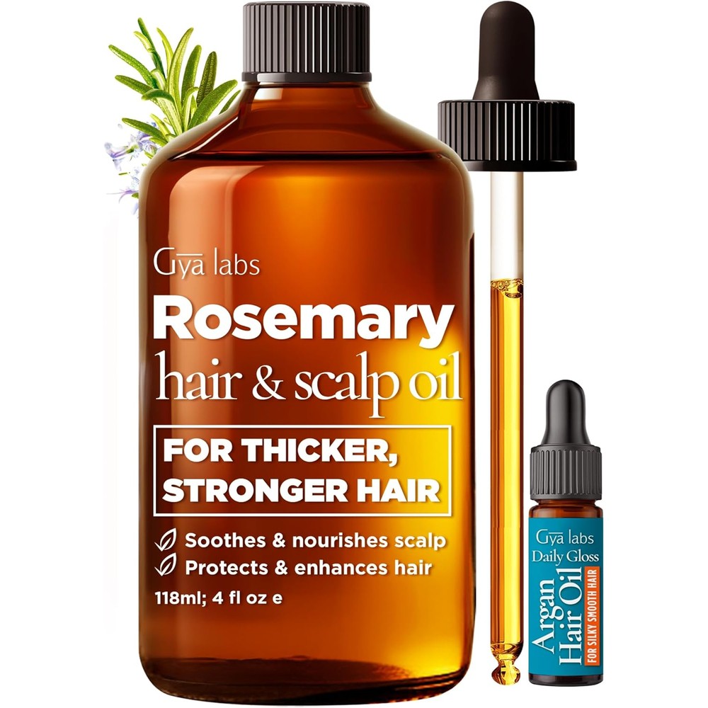 Gya Labs Rosemary and Castor Hair Styling Oil front view bottle for hair thickening.