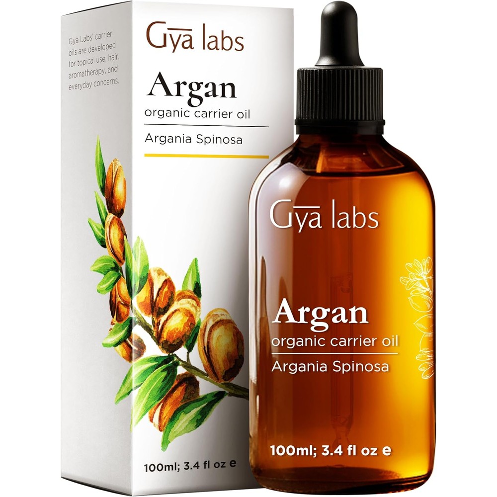 Gya Labs Argan Hair Revival Oil front view of the amber bottle for hair thickening treatment.