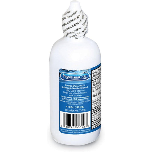 PhysiciansCare Eye Wash Solution 4 ounce bottle front view for emergency eye irrigation.