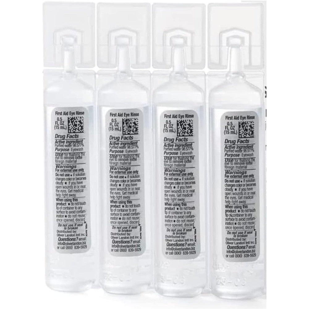 Red Steer Glove First Aid Eye Rinse front view of four sterile vials.
