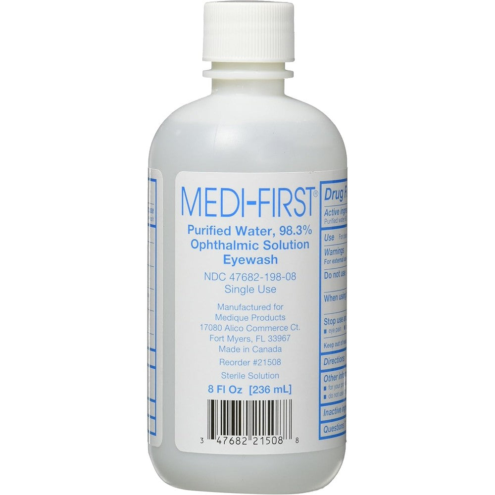Medique Medi-First Sterile Eye Wash 8 ounce bottle front view for emergency first aid.