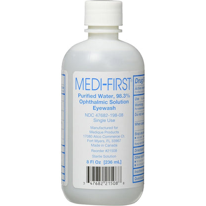 Medique Medi-First Sterile Eye Wash 8 ounce bottle front view for emergency first aid.