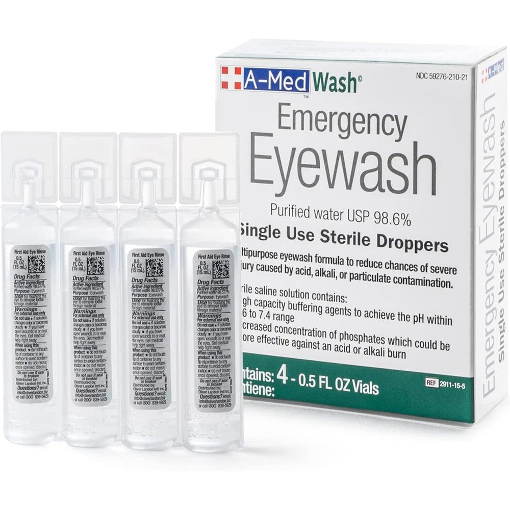 A-Med First Aid Eyewash set of four sterile vials front view for emergency irrigation