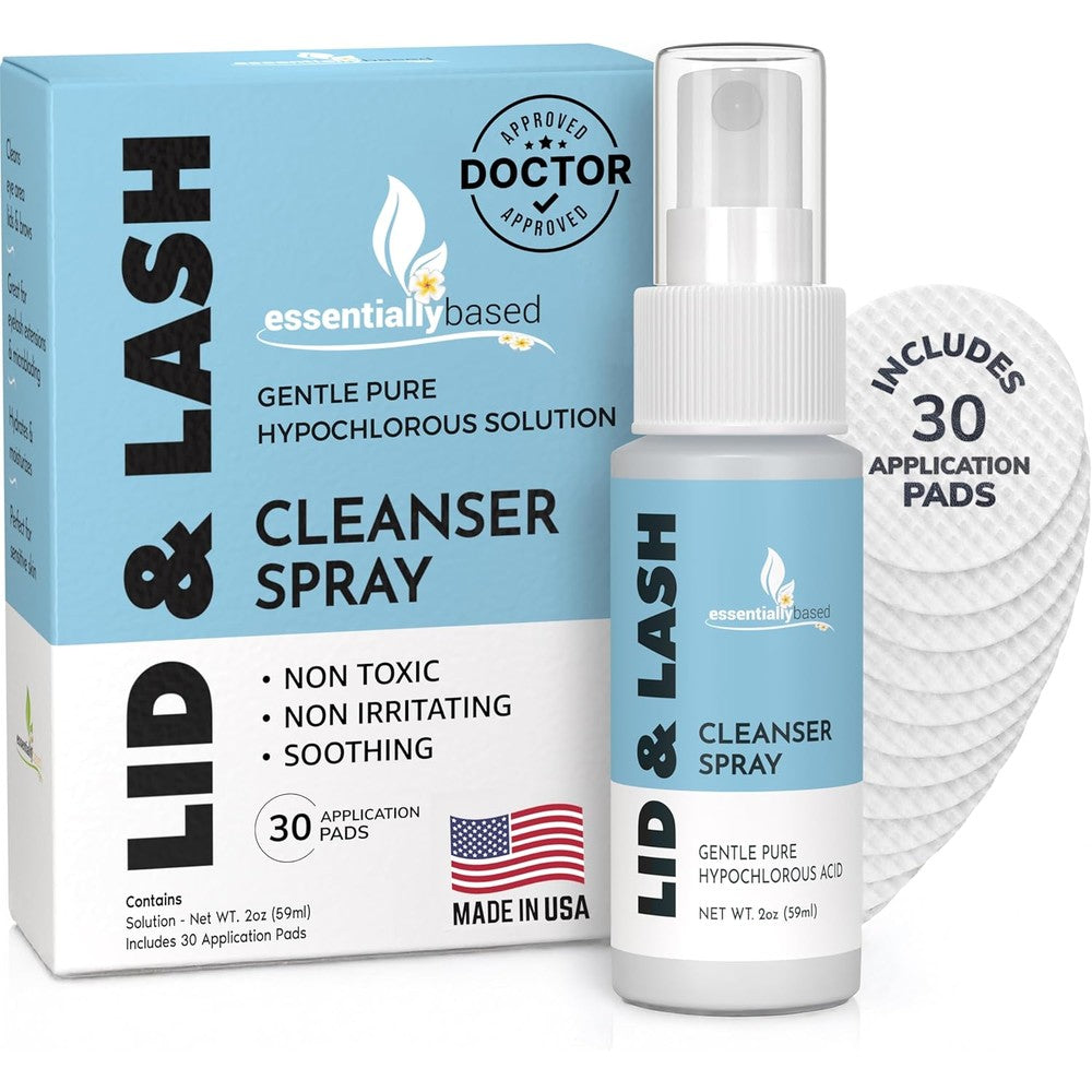 Essentiallybased Eyelid Cleanser Kit front view showing spray bottle and pads for lash hygiene.