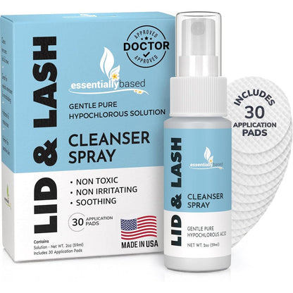 Essentiallybased Eyelid Cleanser Kit front view showing spray bottle and pads for lash hygiene.