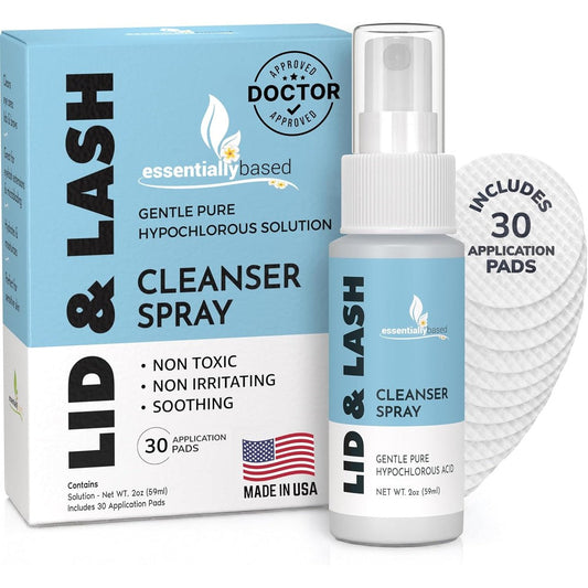 Essentiallybased Eyelid Cleanser Kit front view showing spray bottle and pads for lash hygiene.