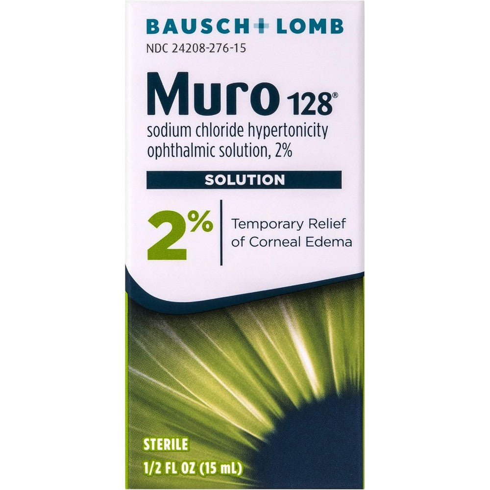 Bausch + Lomb Muro 128 2 Percent Solution front packaging for corneal edema relief.