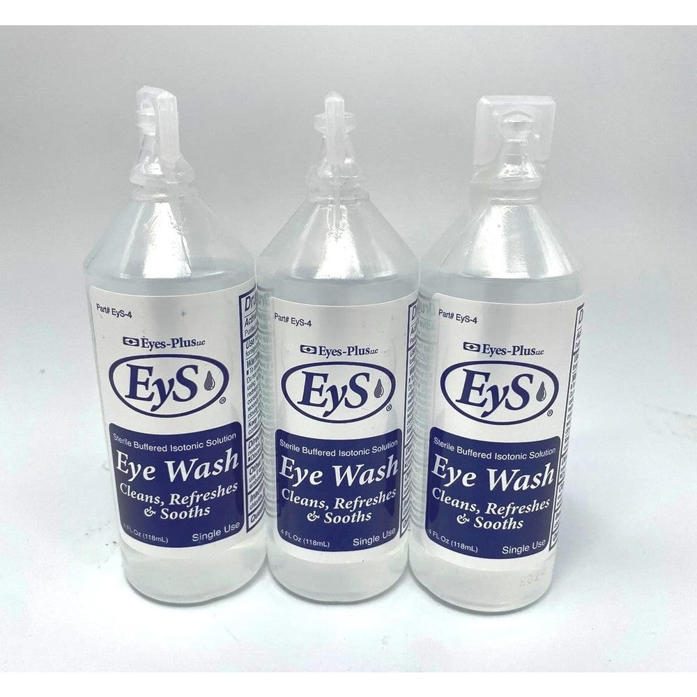 Eyes-Plus Eye Wash 3-bottle pack front view for sterile eye irrigation.