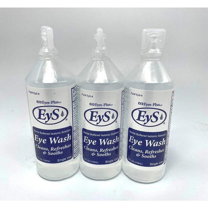 Eyes-Plus Eye Wash 3-bottle pack front view for sterile eye irrigation.