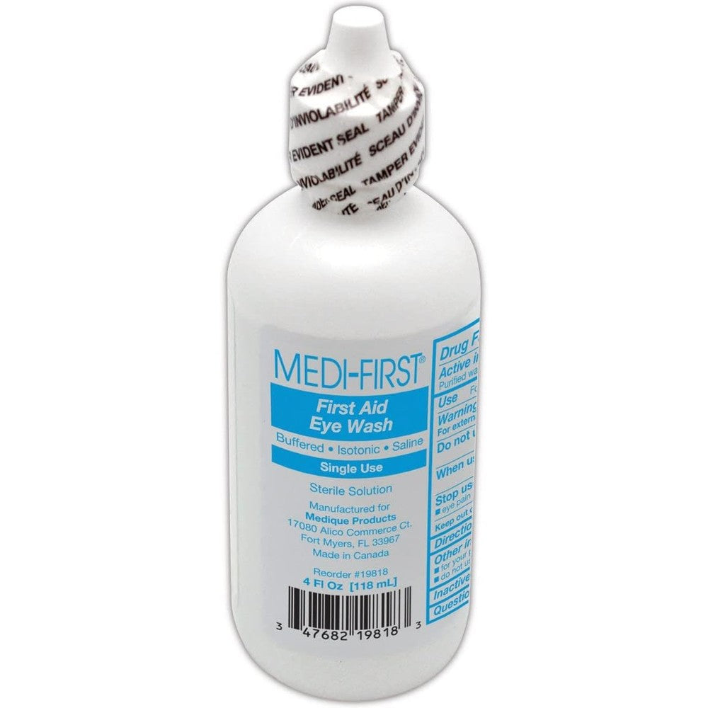 MAGID Medi-First Eye Irrigation Solution 4 ounce bottle front view for sterile emergency eye wash.