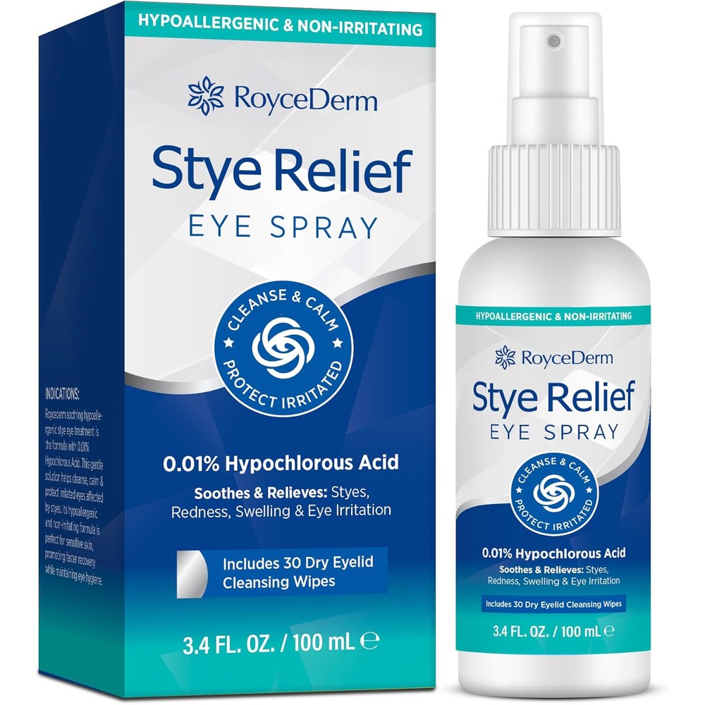 Roycederm Stye Eye Spray front view bottle with packaging box for eyelid relief.