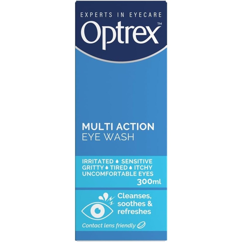Optrex Multi Action Eye Wash 300ml bottle front view with eye bath.