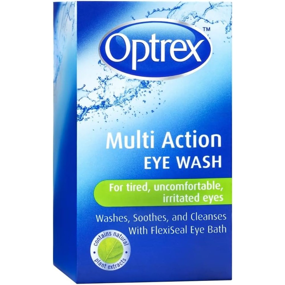 Optrex Multi Action Eye Wash 100ml front view bottle and packaging for irritated eyes