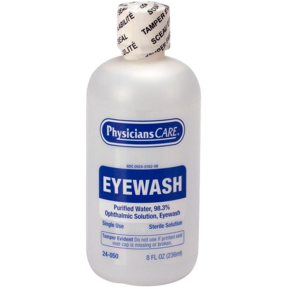First Aid Only PhysiciansCare Eye Wash 8 ounce bottle front view for emergency irrigation.