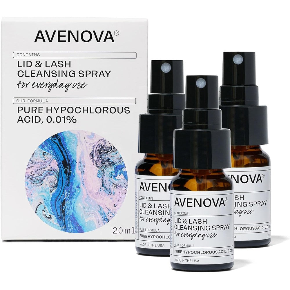 Avenova Eyelid and Eyelash Cleanser Spray three pack front view for dry eye relief.