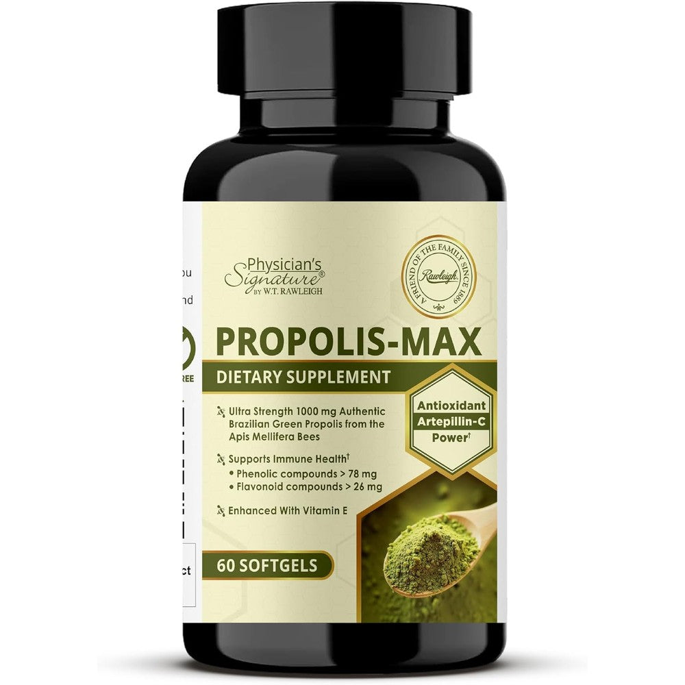 Rawleigh Propolis Max front view of bottle containing sixty vegetarian softgels for immune support.