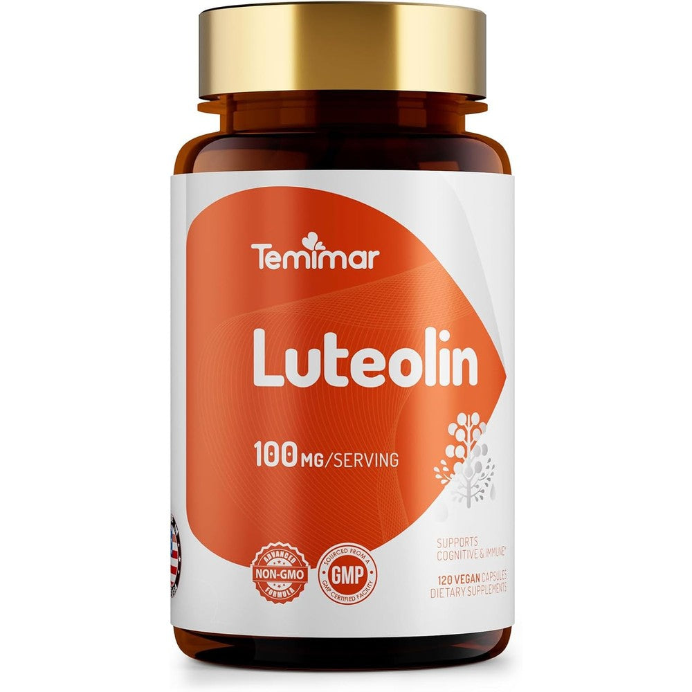 Temimar Luteolin 100mg 120 vegan capsules front view bottle for brain health support